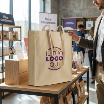 Borsa in cotone naturale da 180gsm con soffietto e manici lunghi