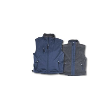 OSLO gilet "ACTIWEAR" multitasche in colore blu interno in pile, reversibile. Chiusura con zip centrale, con coulisse in vita. Lato nylon: 3 tasche zip. Lato pile: 2 tasche zip. Confezione in nylon.