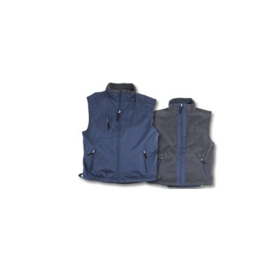 OSLO gilet "ACTIWEAR" multitasche in colore blu interno in pile, reversibile. Chiusura con zip centrale, con coulisse in vita. Lato nylon: 3 tasche zip. Lato pile: 2 tasche zip. Confezione in nylon.