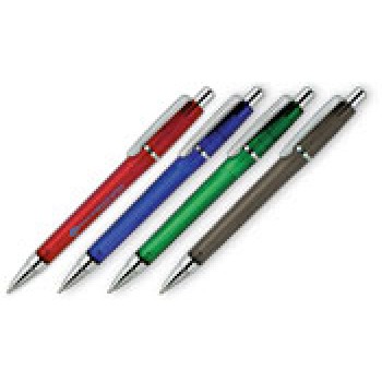 Penna sfera  a scatto fusto frost, in plastica finiture colorate. Refil blu. Confezione in polybag.