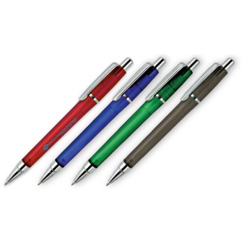 Penna sfera  a scatto fusto frost, in plastica finiture colorate. Refil blu. Confezione in polybag.