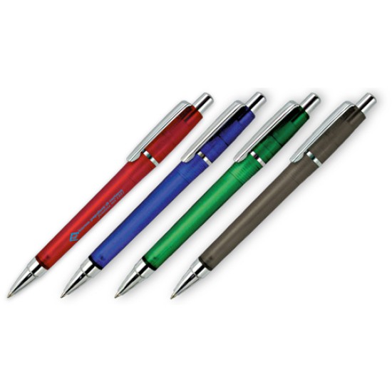 Penna sfera  a scatto fusto frost, in plastica finiture colorate. Refil blu. Confezione in polybag.