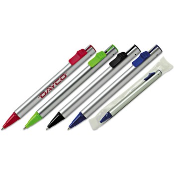 Penna sfera a scatto fusto in plastica in silver finiture verdi refil nero