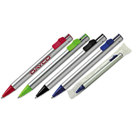 Penna sfera a scatto fusto in plastica in silver finiture verdi refil nero