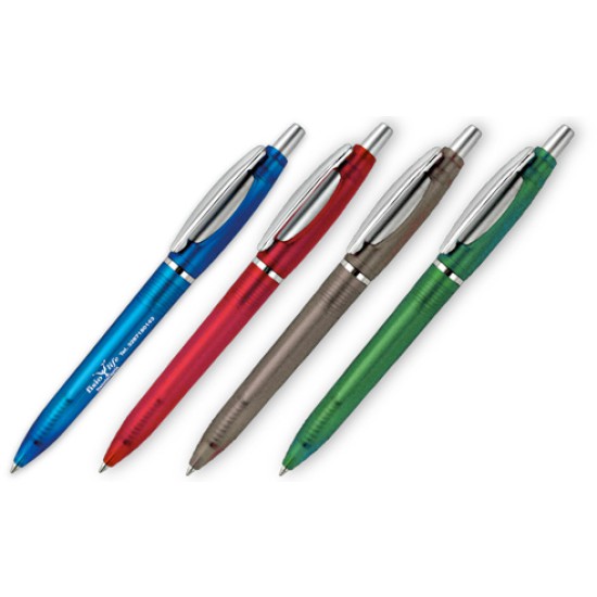 Penna sfera  a scatto fusto in plastica satinata, particolari silver cromati e satinati . Refil blu.Confezione in polybag.