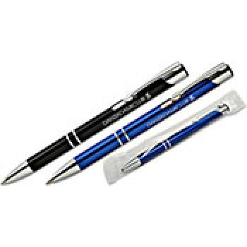 Penna sfera scatto metallo laccato blu particolari in alluminio refil nero confezione polybag