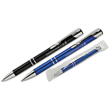 Penna sfera scatto metallo laccato blu particolari in alluminio refil nero confezione polybag