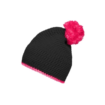 Pompon Hat with Contrast Stripe