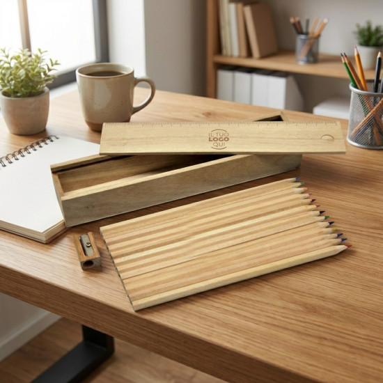 Portamatite in legno naturale con 12 matite colorate e righello